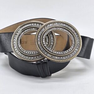 Chico's Belt Glitzy Rhinestones Black Leather Hook Silver Gold Circle Buckle M/L